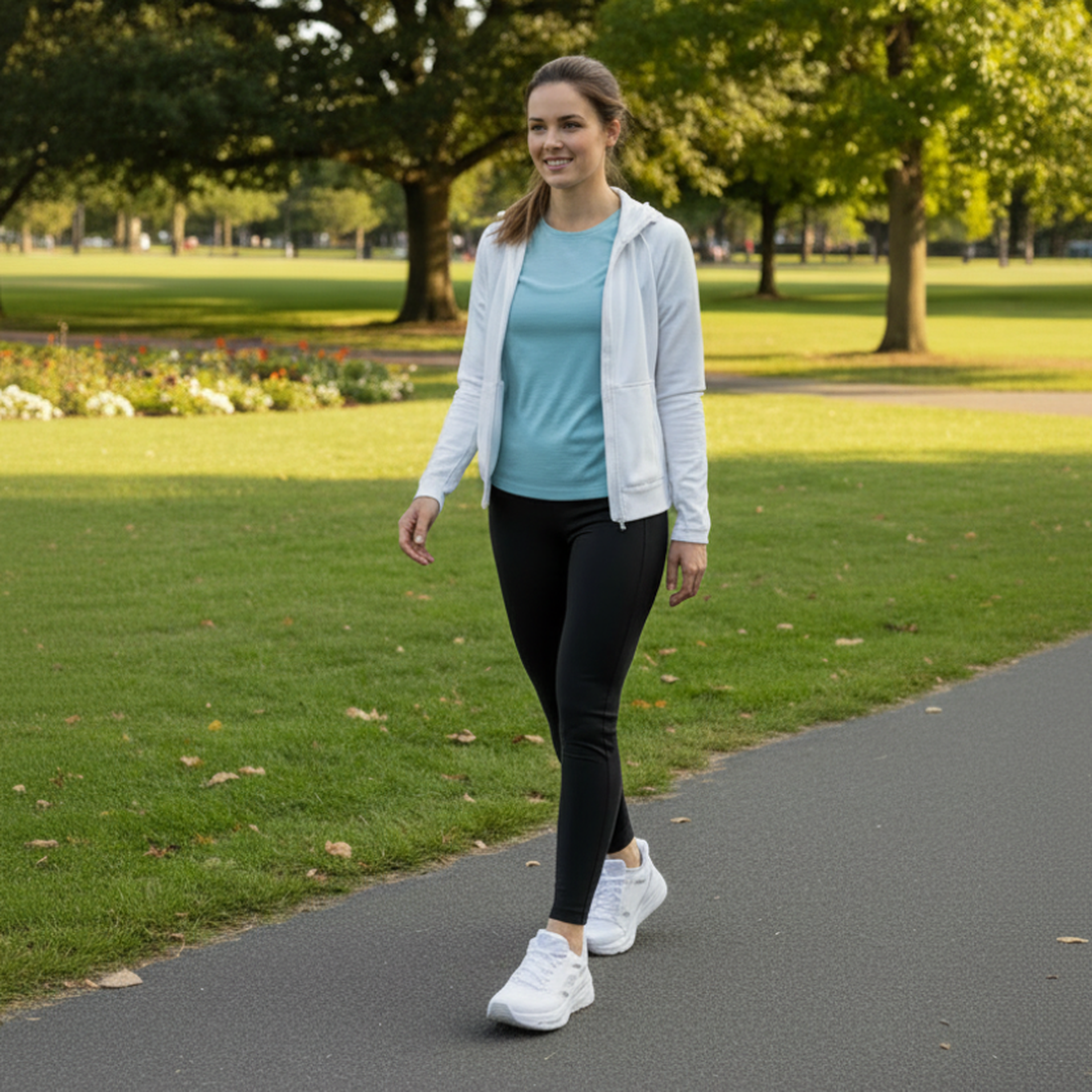 A woman in athletic wear walks on a sunny park path, surrounded by greenery and flowers, enjoying the comfort of her Skechers Slip In Max Cushioning Elite 2.0 Leigh White Trainers., 199025355940, 50114, 199025355964, 50116, 199025355988