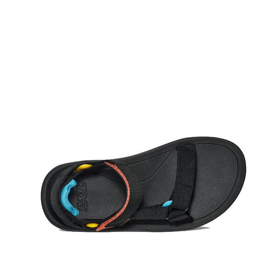 The Teva Kids - K Hurricane XLT2 Black Multi sandal, made with recycled plastic, features Velcro straps and colorful blue, yellow, and orange accents. The top view highlights its detailed footbed and strap design., 196565921437, 196565921444, 196565921413