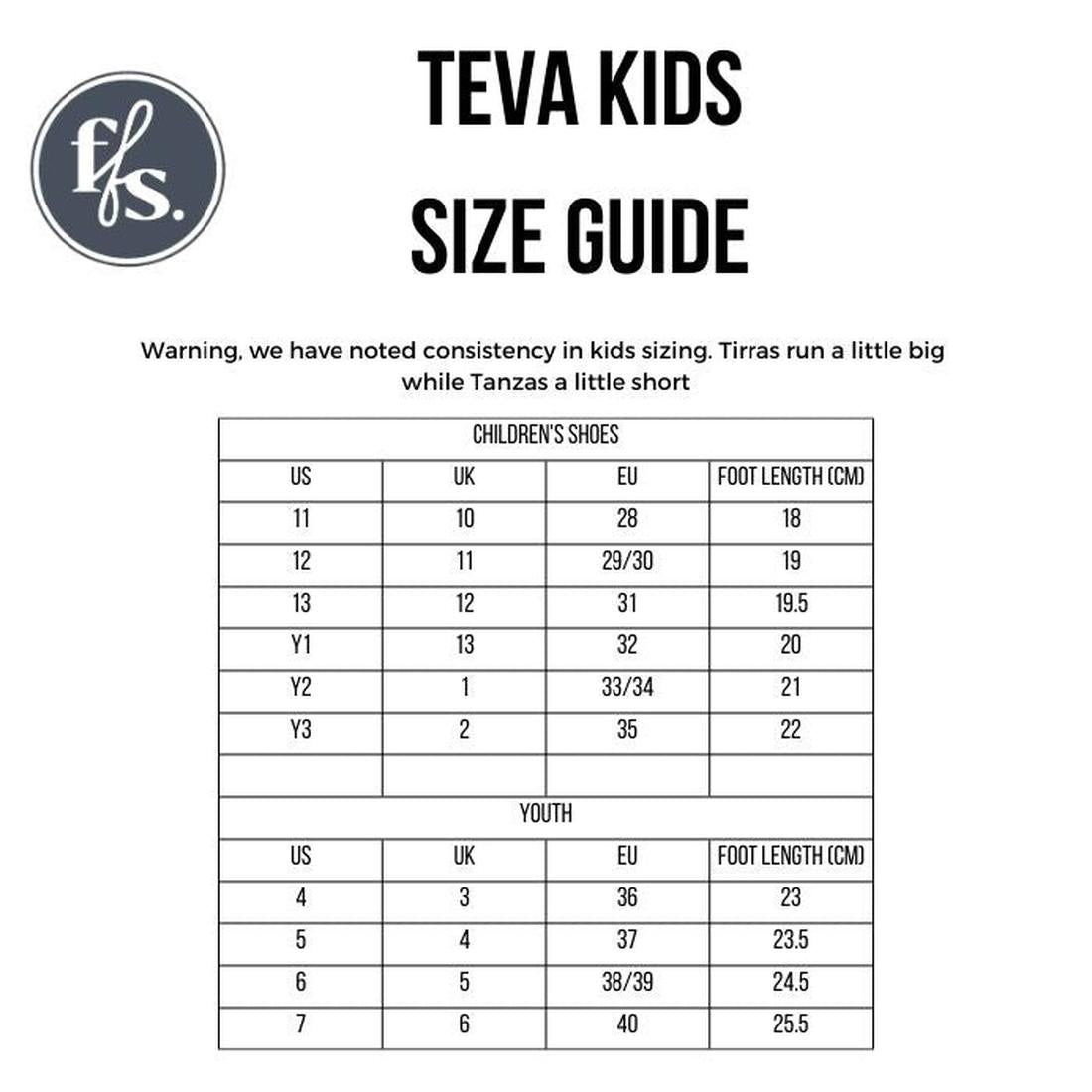 Teva Kids size guide chart for the K Hurricane XLT2 Kishi Dark Blue sandals, made with recycled materials. Shows US, UK, and EU sizes plus foot lengths in cm, and includes a note about sizing consistency for children’s and youth shoes., 192410699667, 1924
