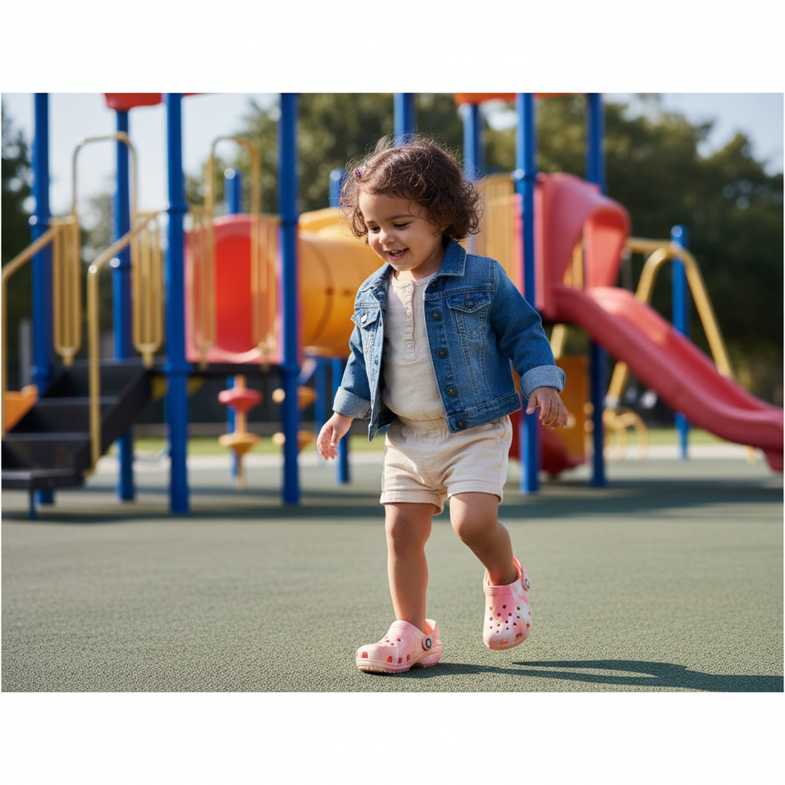 A young child in a denim jacket smiles while walking on a playground, wearing Crocs Kids Toddlers Classic Clog K Marbled Guava Pink Multi, with colorful slides and climbing structures in the background., 49874, 198445341021, 198445341038, 198445341045, 19