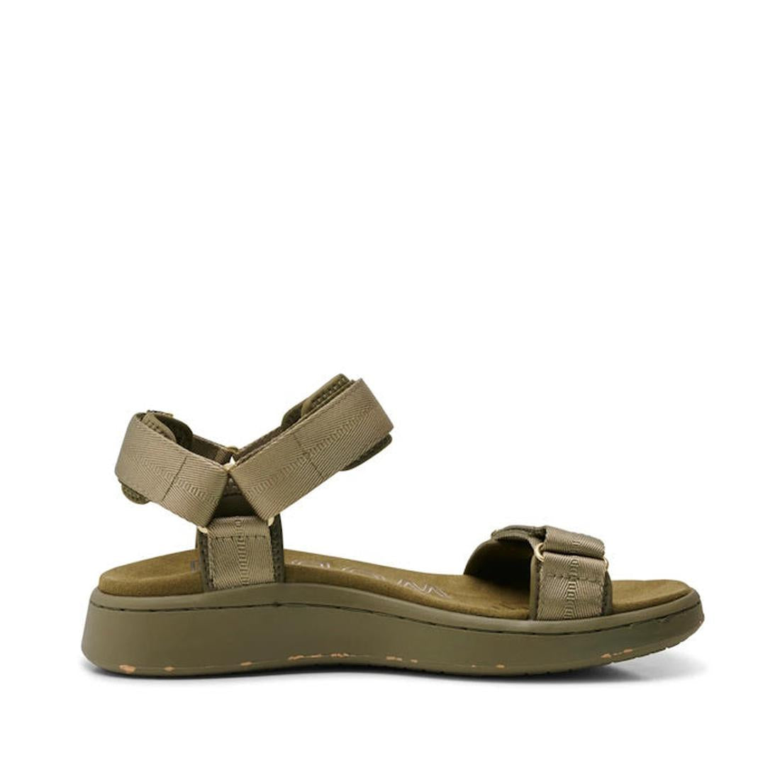 Side view of the Woden Line Women's 3 Strap Sandal in Dark Olive, featuring adjustable ankle and toe straps, Natural Soft technology, and a cushioned sole for comfort during casual outdoor wear., 5713326432305, 5713326432312, 5713326432329, 5713326432336,