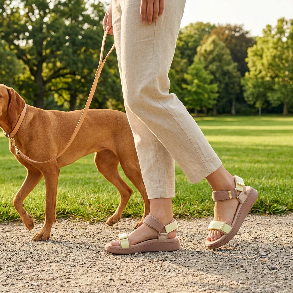 Introducing the Woden Line Women's 3 Strap Sandal in Tricolour Taupe Multi, featuring light yellow and beige straps, cushioned pinkish-brown soles, and adjustable buckles for a secure fit.