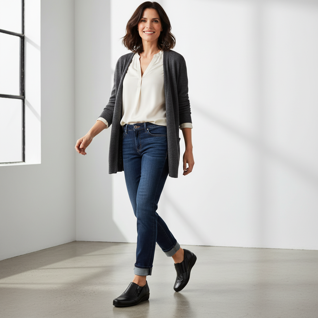 A woman with shoulder-length dark hair, wearing a white blouse, gray cardigan, blue jeans, and Ziera Sage XF Women's Wedge Heel Shoe in black leather, smiles as she walks in a bright modern room with large windows., 9355342543724, 9355342095629, 935534209