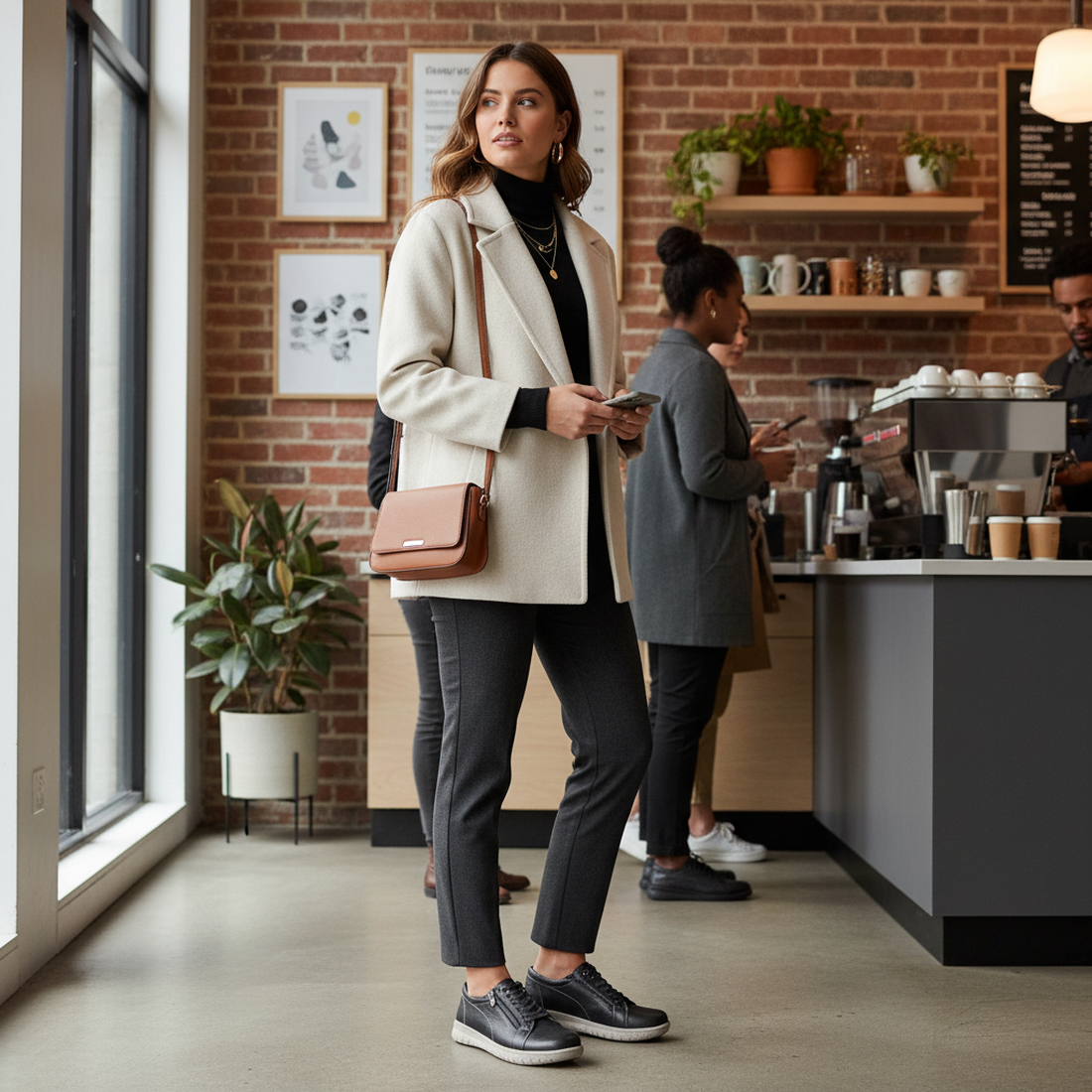 A woman in a white coat and gray pants stands in a modern coffee shop, holding her phone and a brown crossbody bag. She wears Ziera Solar XW Women's Casual Sneaker Zip Ink Blue Leather as others line up at the brick-walled space adorned with plants., 9355