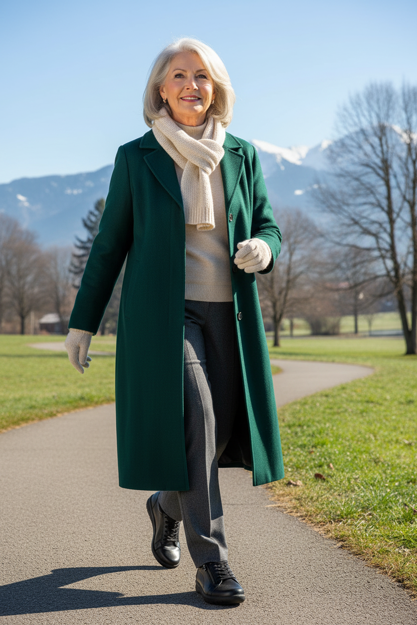 An older woman with gray hair walks outdoors on a paved path in a green coat, scarf, gloves, and Ziera Solar XW Women's Casual Sneaker Zip Black Leather. Behind her are grassy fields, leafless trees, and snow-capped mountains under a clear blue sky., 5099
