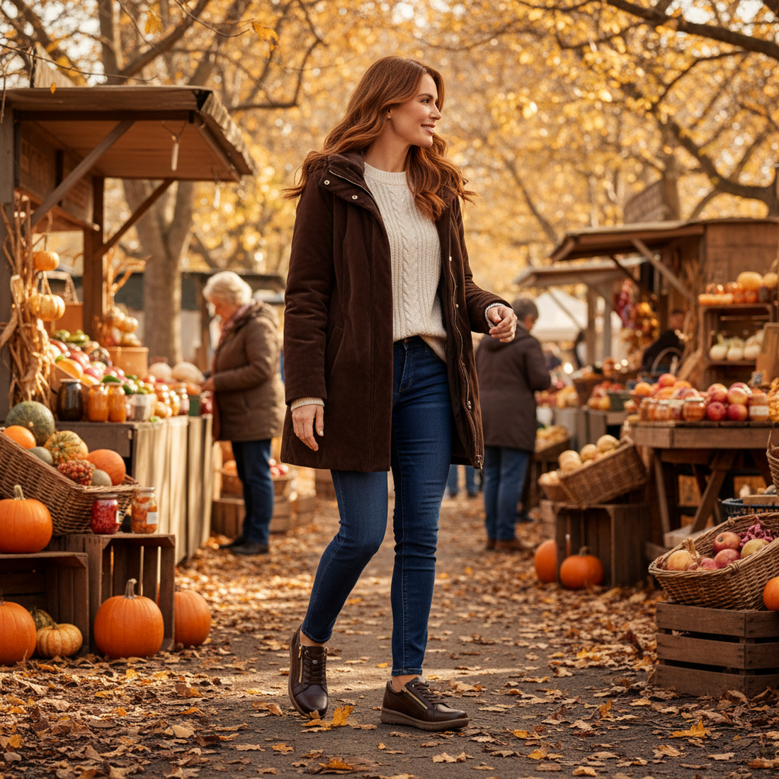 A woman in a brown coat and jeans, wearing Ziera Solar XW Women's Casual Sneaker Zip Chocolate Brown Leather, strolls through an outdoor autumn market with pumpkins, apples, and fallen leaves as shoppers browse nearby stalls., 51019, 44347555285581, 44347