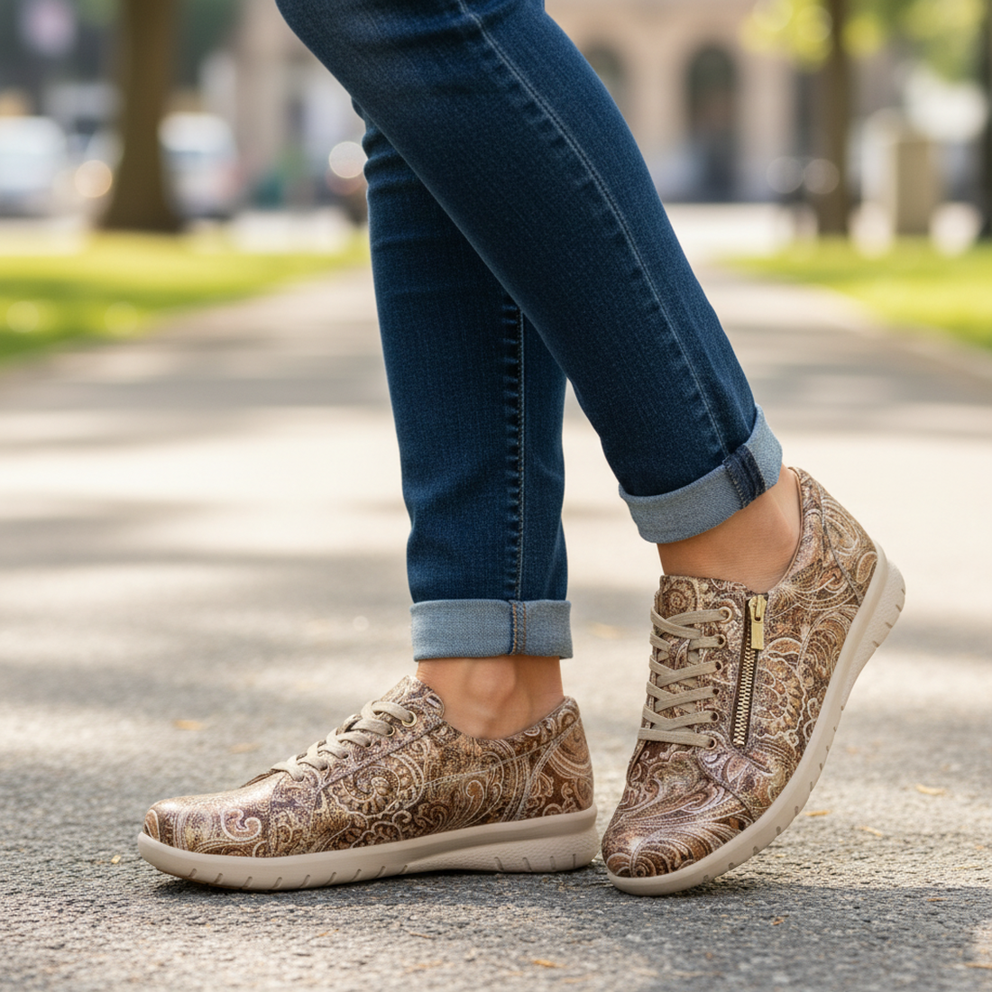 A woman stands on a sunlit park path in rolled-up jeans and Ziera Solar XW Women's Casual Sneaker Zip Chocolate Gold Paisley Brown Leather, highlighting the shoes and her lower legs with trees and blurred buildings in the background., 51033, 4434755528438