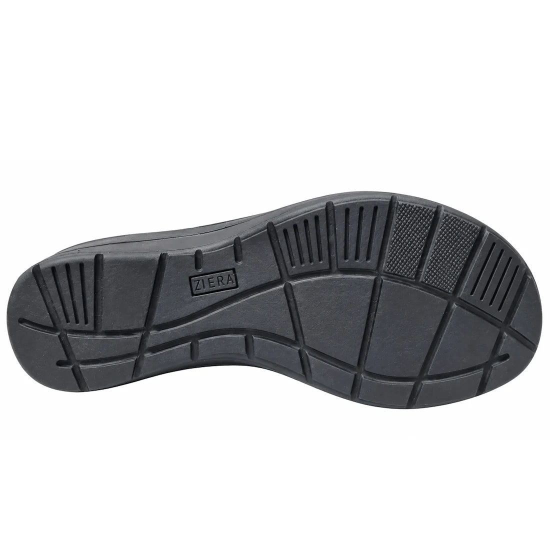 The Ziera Nextime Black Leather Women’s Sandal with Closed Back XW features a durable black rubber sole with a variety of tread patterns, including horizontal and vertical grooves, and ZIERA embossed at the center. Designed for orthotic-compatible comfort
