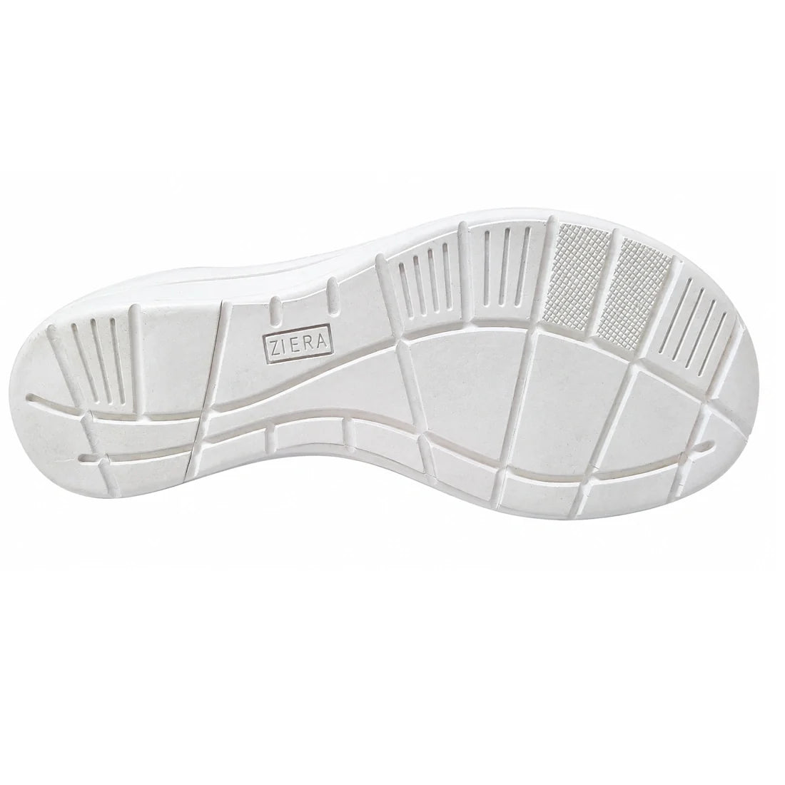 Experience exceptional comfort and stability with the Ziera Nextime White Womens Leather Sandal XW Closed Back. This sandal features a white rubber sole with assorted textured patterns and grooves for reliable grip, along with the ZIERA brand name embosse