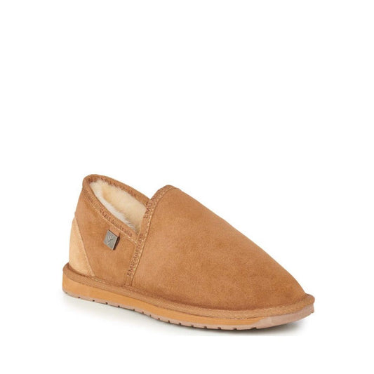 EMU NZ Ashford Slipper Slip On in cozy chestnut, unisex style, plush sheepskin lining, easy slip-on fit, sturdy rubber sole.  ksnz
