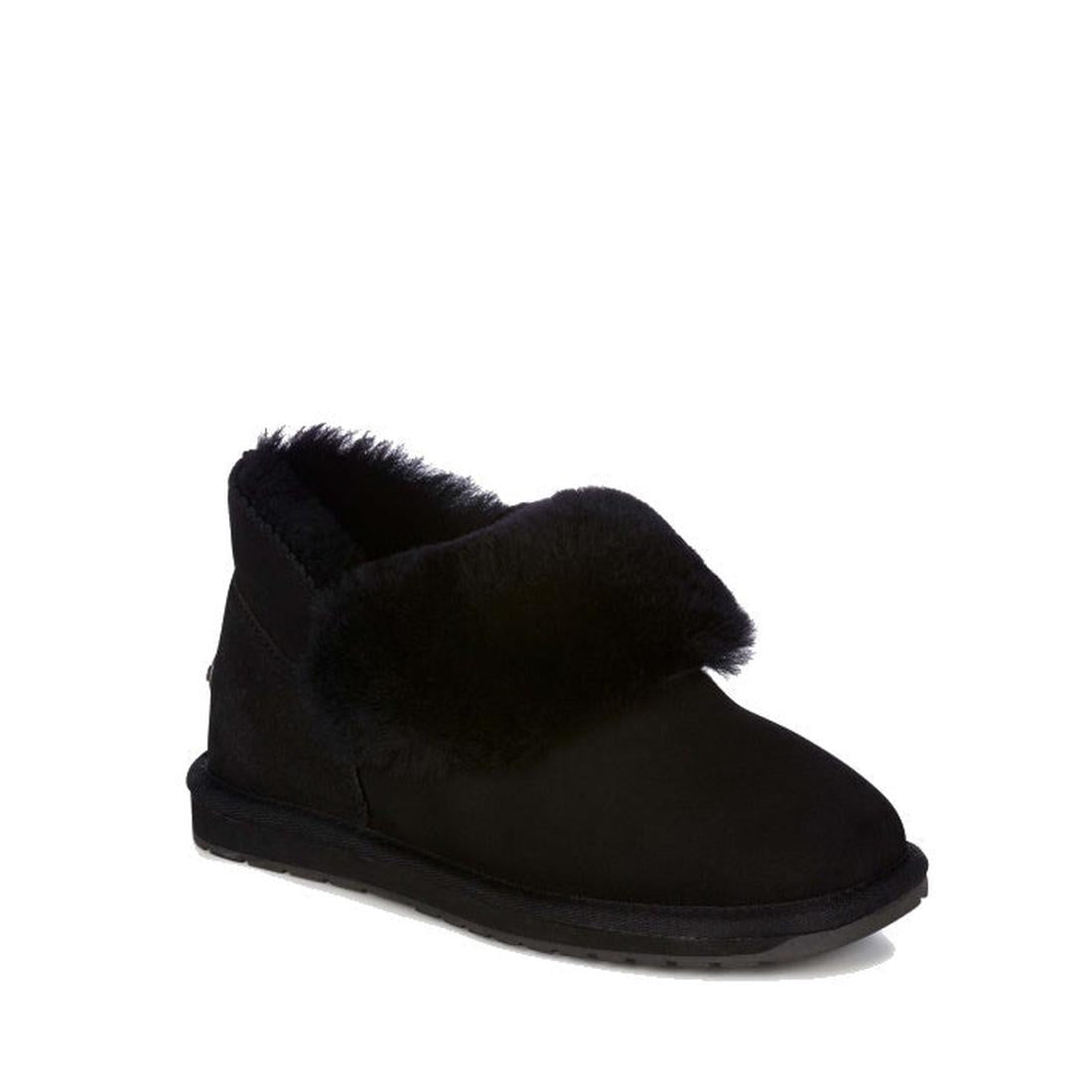 EMU NZ Women's Platinum Mintaro Sheepskin Slipper in Black—cozy slip-on style, fold-over cuff, flat rubber sole. Made in Australia.  ksnz