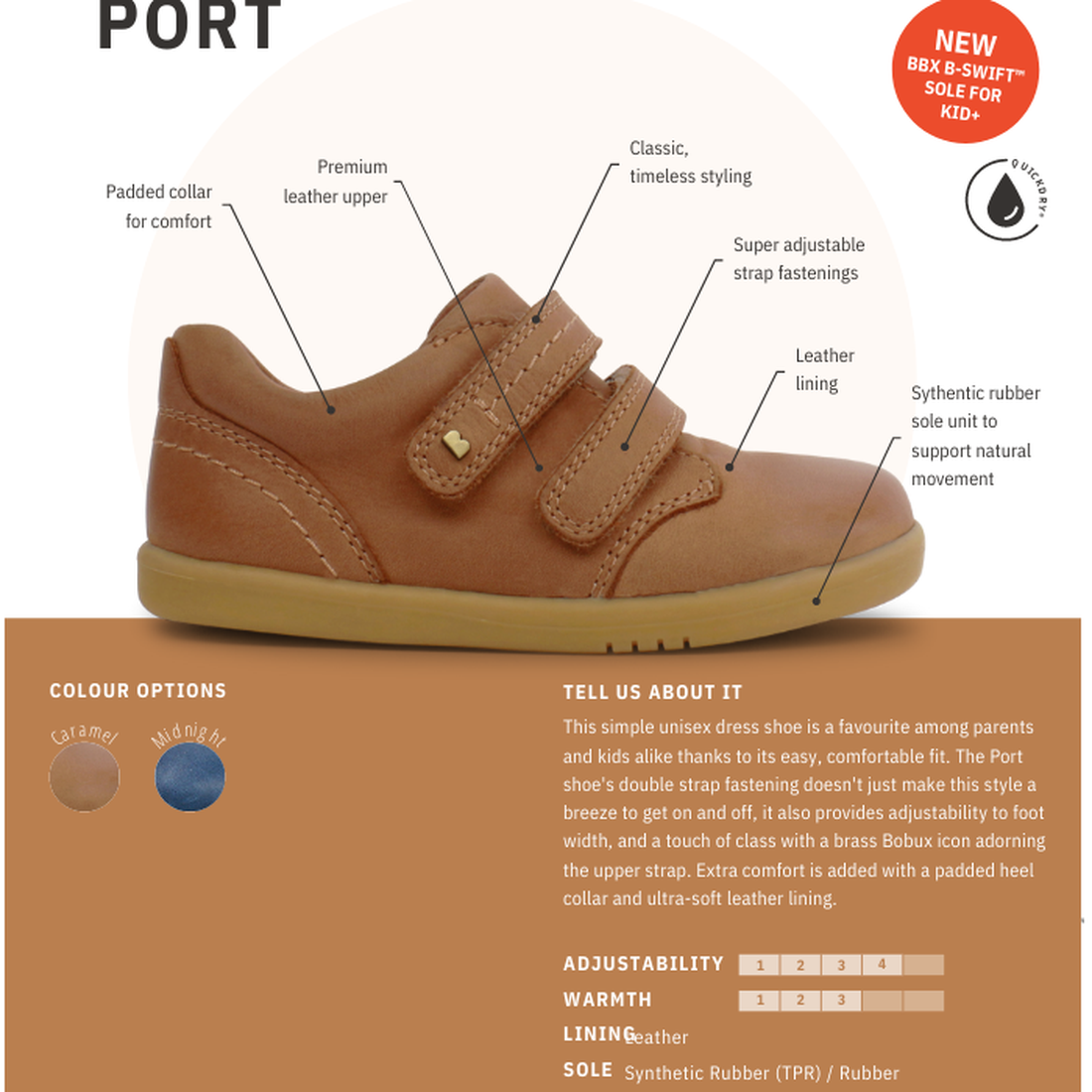The Bobux Kid+ Port Shoe Caramel Tan 833002 is a brown kids' leather shoe with two velcro straps, padded collar, light rubber sole, cushioned heel, and a flexible, supportive design. See colour options and product details., 9420068525467, 9420068525474, 9