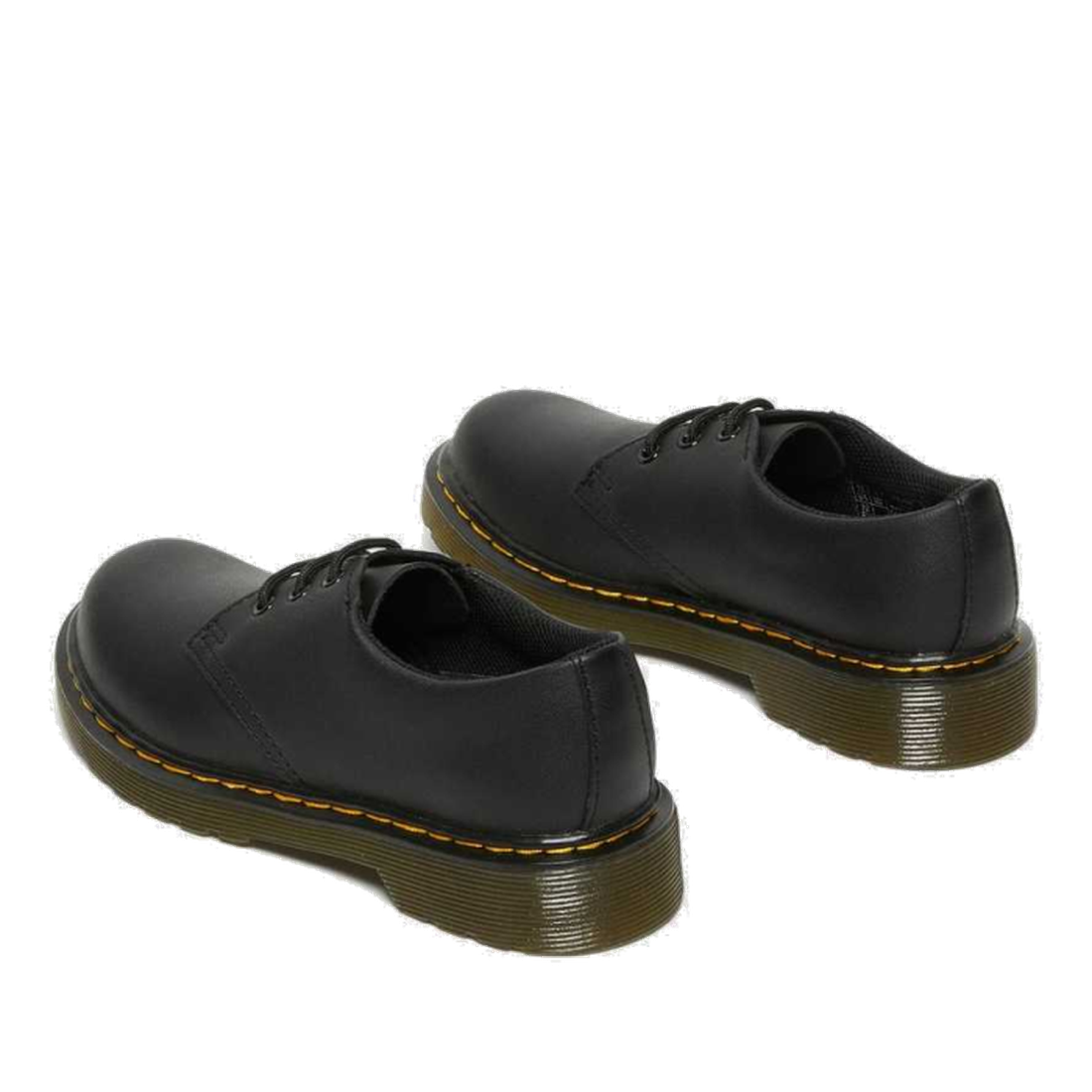 Dr Martens Kids 1461 J Black School Shoes—smart lace-ups with sturdy translucent soles and fun yellow stitching, on a white background.  ksnz, 190665364170, 190665364071, 190665364088, 190665364095, 190665364101, 190665364118