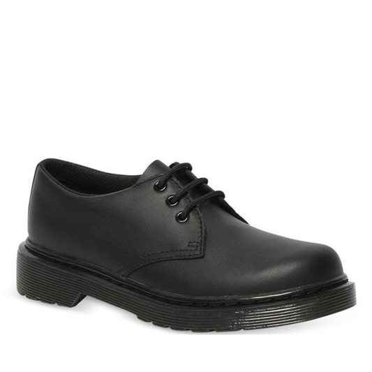 Image of right foot, side on of Dr Martens kids - 1461 Mono J Lace Up School Shoe Black-Foot Forward Shoes