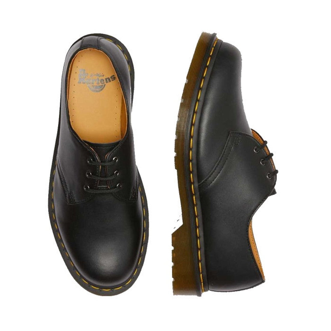 A pair of Dr. Martens 1461 Shoes in black Nappa leather with yellow stitching and translucent brown soles, shown from above and the side on a white background., 800090827101, 800090827118, 800090827125, 800090827132, 800090798746, 800090798739, 8000907987