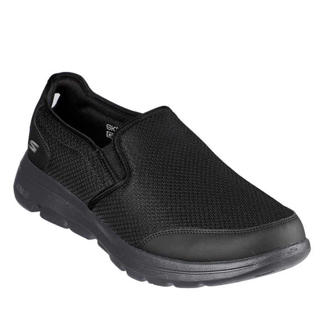 Skechers Men's GOwalk 5 Delco Black slip-on shoes with easy elastic panels, soft mesh upper, cushioned sole, and ULTRA GO comfort.  ksnz