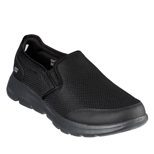 Skechers Men's GOwalk 5 Delco Black slip-on shoes with easy elastic panels, soft mesh upper, cushioned sole, and ULTRA GO comfort.  ksnz