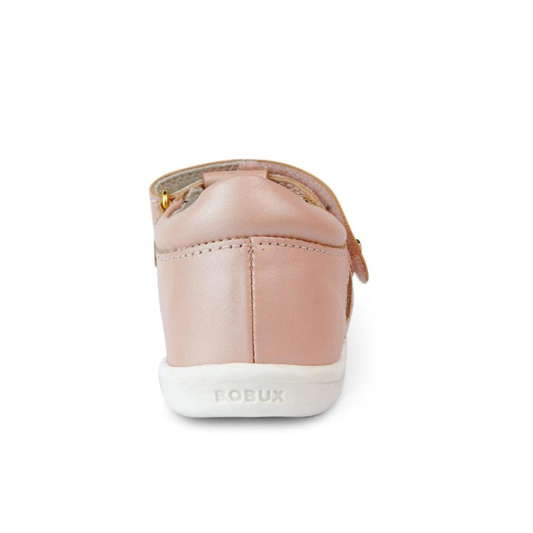 A close-up rear view of the Bobux Iwalk IW Tropicana II Sandal 638305 in Seashell Pink, a kids' summer sandal with a white sole, quick-dry leather, BOBUX embossed on the heel, and a subtle side zipper detail., 9420068504356, 9420068504363, 9420068504370, 