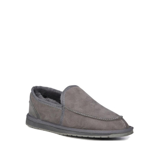 EMU NZ Hume Slipper Slip On Sheepskin Charcoal Grey Mens—cozy gray slip ons, plush lining, safe rubber sole, simple stitch detail.  ksnz