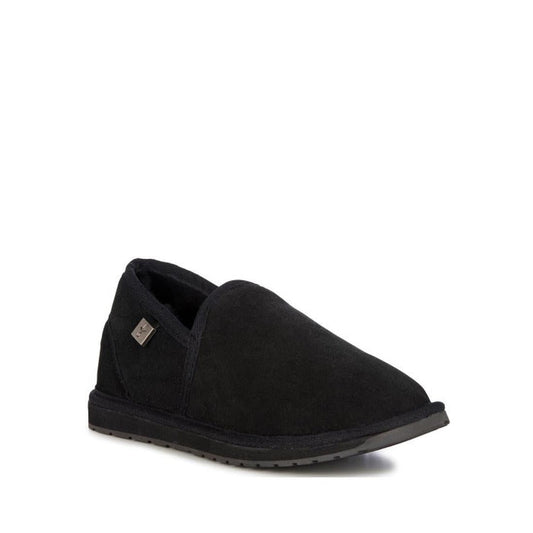 EMU NZ Ashford Slipper Slip On in black, with cozy sheepskin, easy slip-on style, sturdy flat sole, and comfy low back for all ages.  ksnz