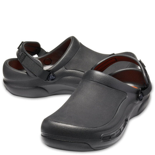 The Chefs Crocs Shoes Bistro Pro LiteRide Clog Black Unisex feature closed toes, an adjustable heel strap, LiteRide foam footbeds, and ventilated soles—ideal slip-resistant work shoes with a simple, smooth surface.