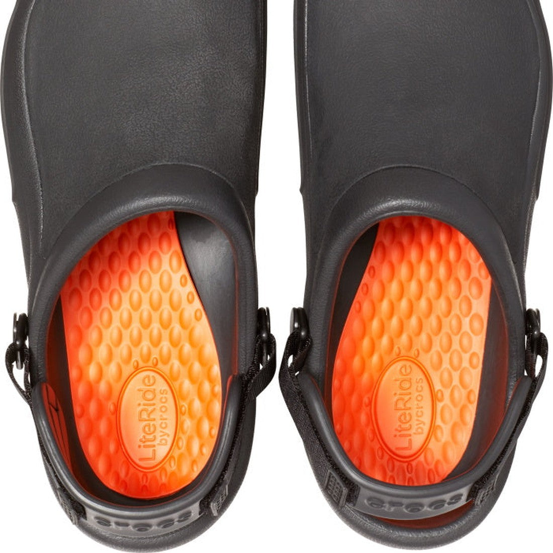 Top view of black Chefs Crocs Shoes Bistro Pro LiteRide Clog Unisex with orange LiteRide foam footbeds and heel straps. These slip-resistant work clogs are side by side, branded “LiteRide by Crocs.”., 191448329737, 191448329744, 191448329751, 191448329768