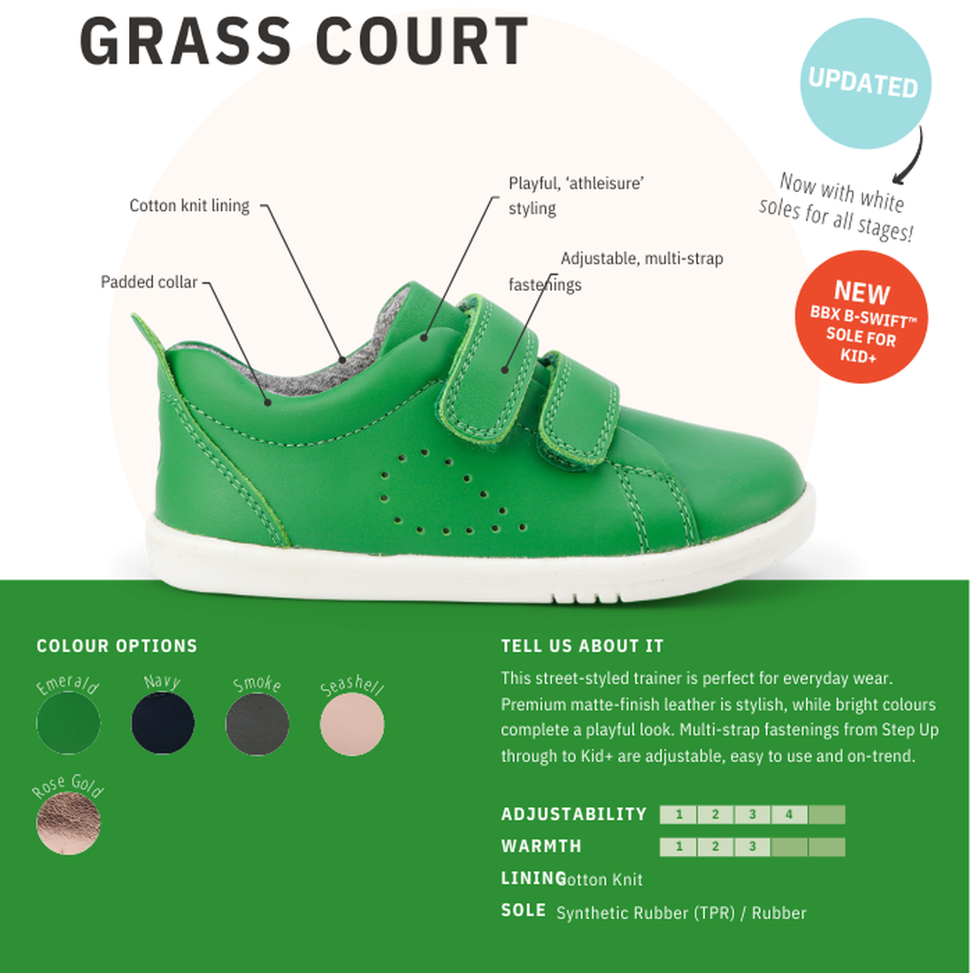 A rose gold kids’ sneaker with Velcro straps, labeled parts highlighting cotton knit lining, padded collar, and flexible sole—perfect as first-walkers. Bobux Step Up Grass Court Trainer 728926 Rose Gold shown with color options on a light background., 942