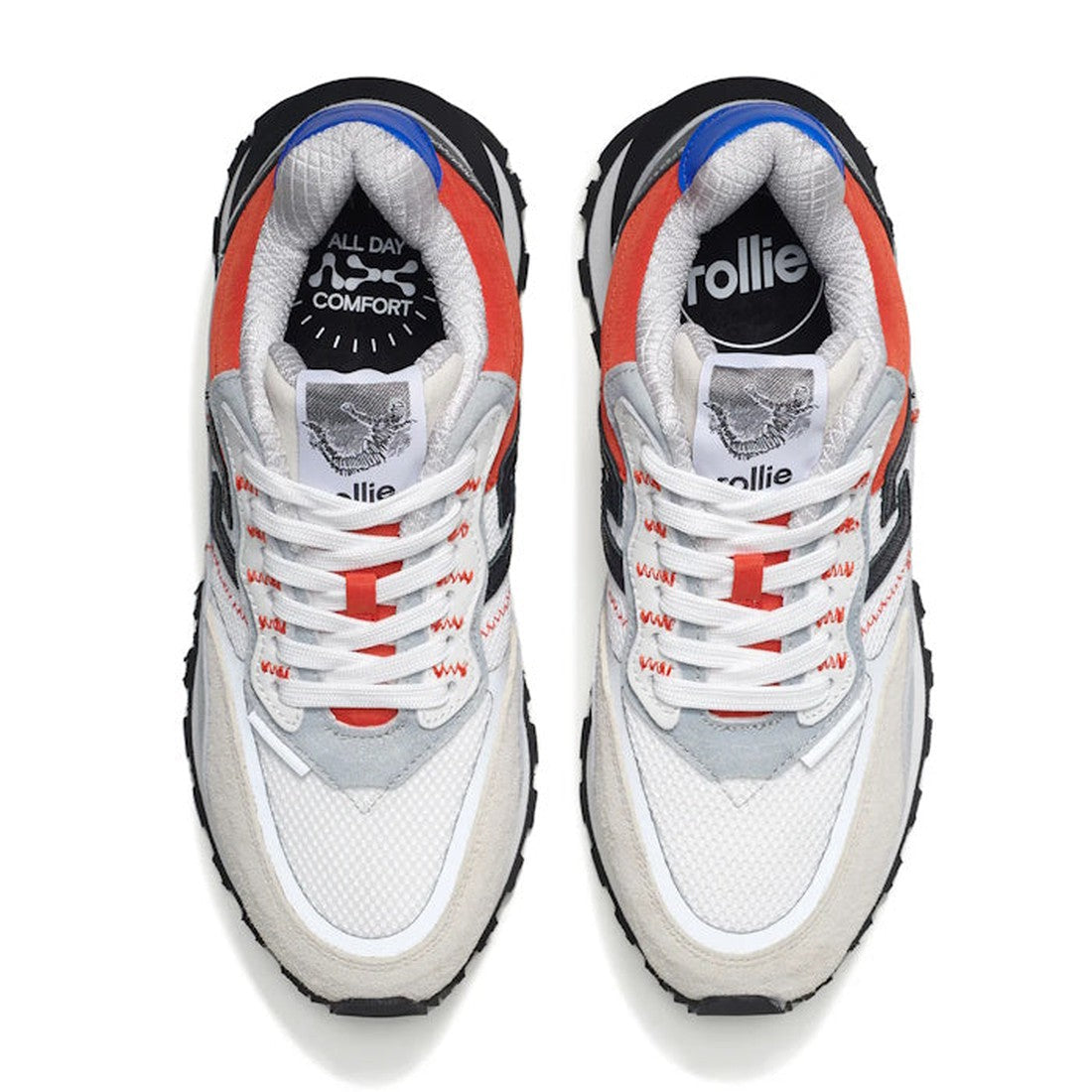 Top view of Rollie Womens Kentu Royale Sneaker White Grey with white, grey, black, and red accents. These orthotic-friendly shoes feature white laces, black anti-slip rubber outsoles, and visible branding on insoles and heel., 9339554343853, 9339554343860