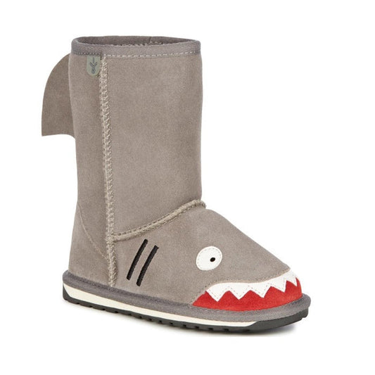 EMU NZ Kids Creatures Grey Putty Shark Wool Boots—gray suede boots for kids with playful shark details, sturdy sole, easy slip-on style.  ksnz