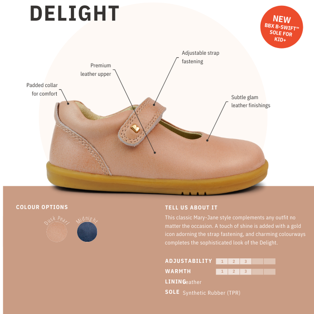 The Bobux Step Up Mary Jane Delight Dusk Pearl Pink 728426 is a premium leather light brown shoe with an adjustable strap, gold buckle, cushioned collar, and yellow sole. Colour swatches, including dusky pink, and details are shown beside the shoe., 94200