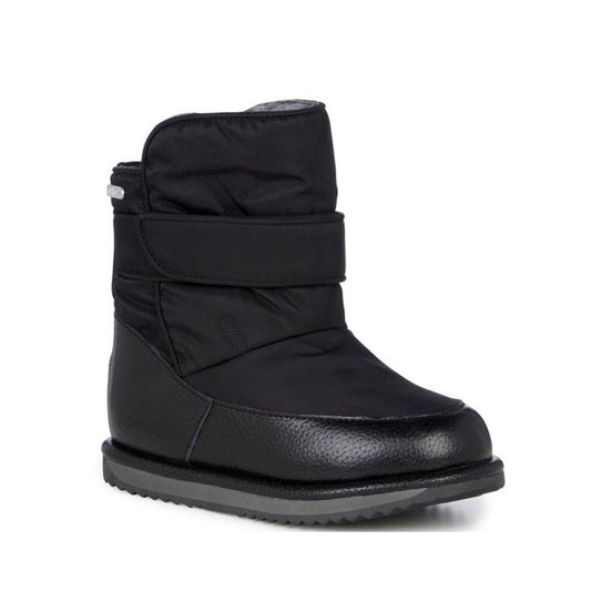 The EMU Kids Roth Black Boot Waterproof Wool Lines Clearance features a thick rubber sole, textured leather lower, padded fabric upper, and wide hook-and-loop strap—designed for warmth and durability.