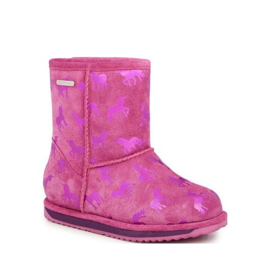 EMU NZ Kids Brumby Rainbow Unicorn Lo Boots are bright pink with a flat sole, easy pull-on design, and magical purple unicorns.  ksnz