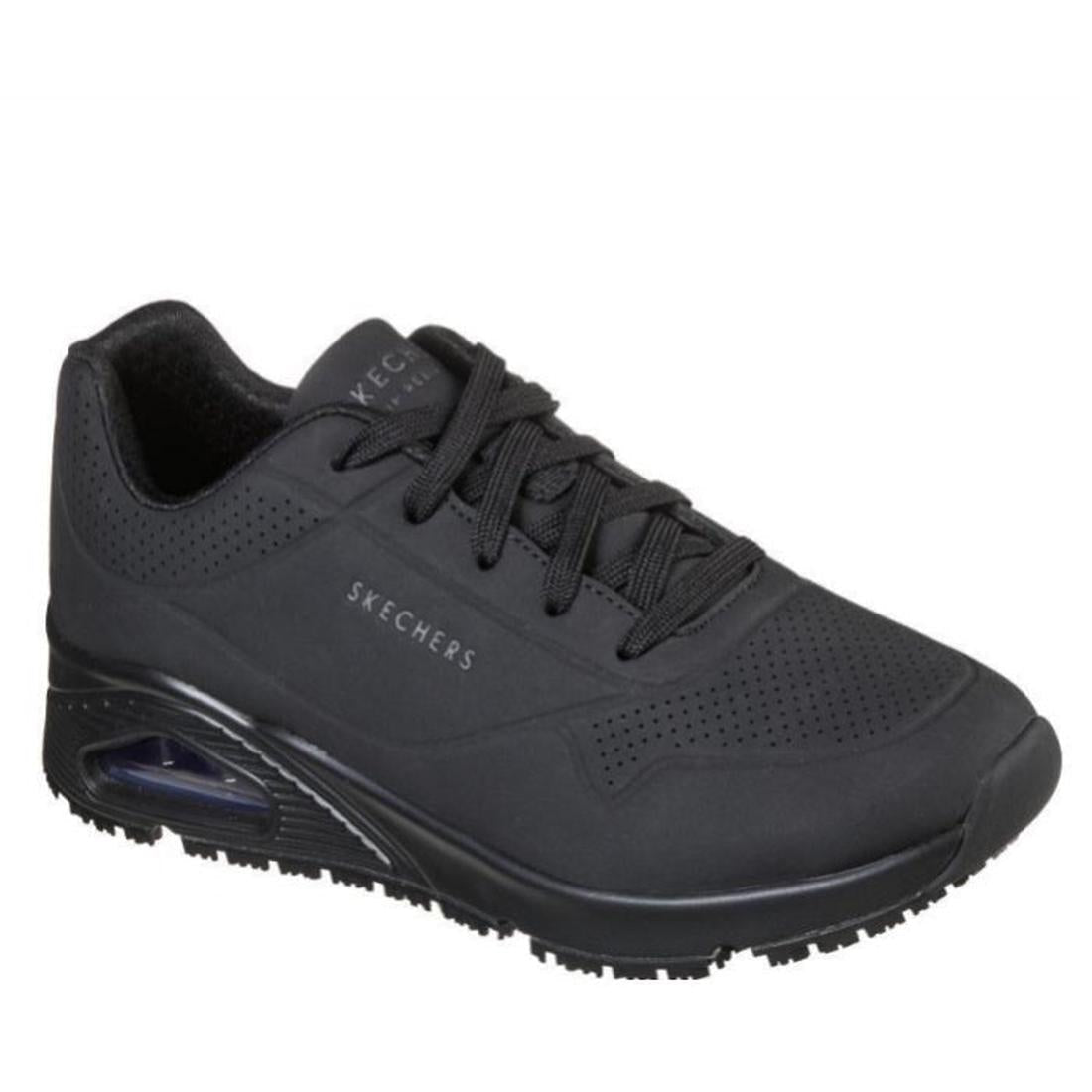 Skechers Uno SR Slip Resistant Sole Womens Trainer Black—comfy black trainers with laces, safe grip sole, and cushy memory foam.  ksnz