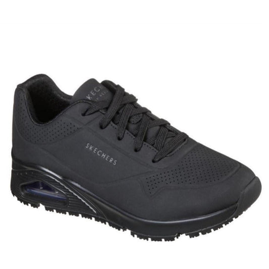 Skechers Uno SR Slip Resistant Sole Womens Trainer Black—comfy black trainers with laces, safe grip sole, and cushy memory foam.  ksnz