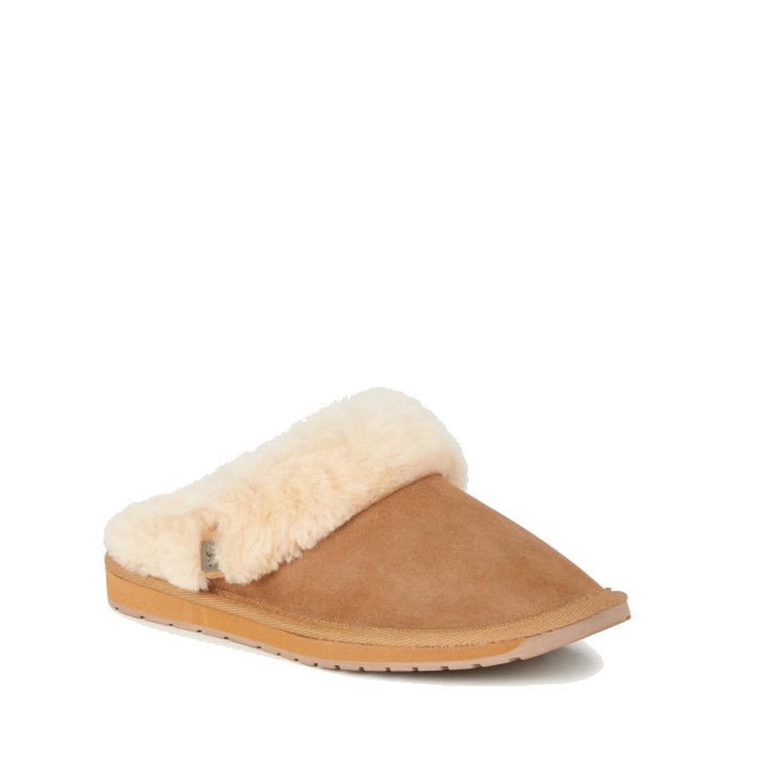 EMU NZ Women's Eden Platinum Sheepskin Chestnut Scuff Slipper—a cozy tan slip-on with fluffy cream lining and grippy rubber sole.  ksnz