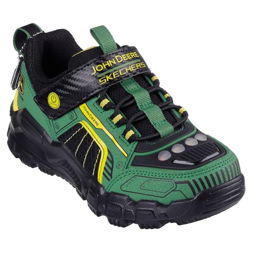 The Skechers Boys Youths John Deere Sneakers Rugged Brights Light Ups Green feature a green and black design with yellow accents, light-up details, cushioned comfort insole, rugged sole, and top strap branding.