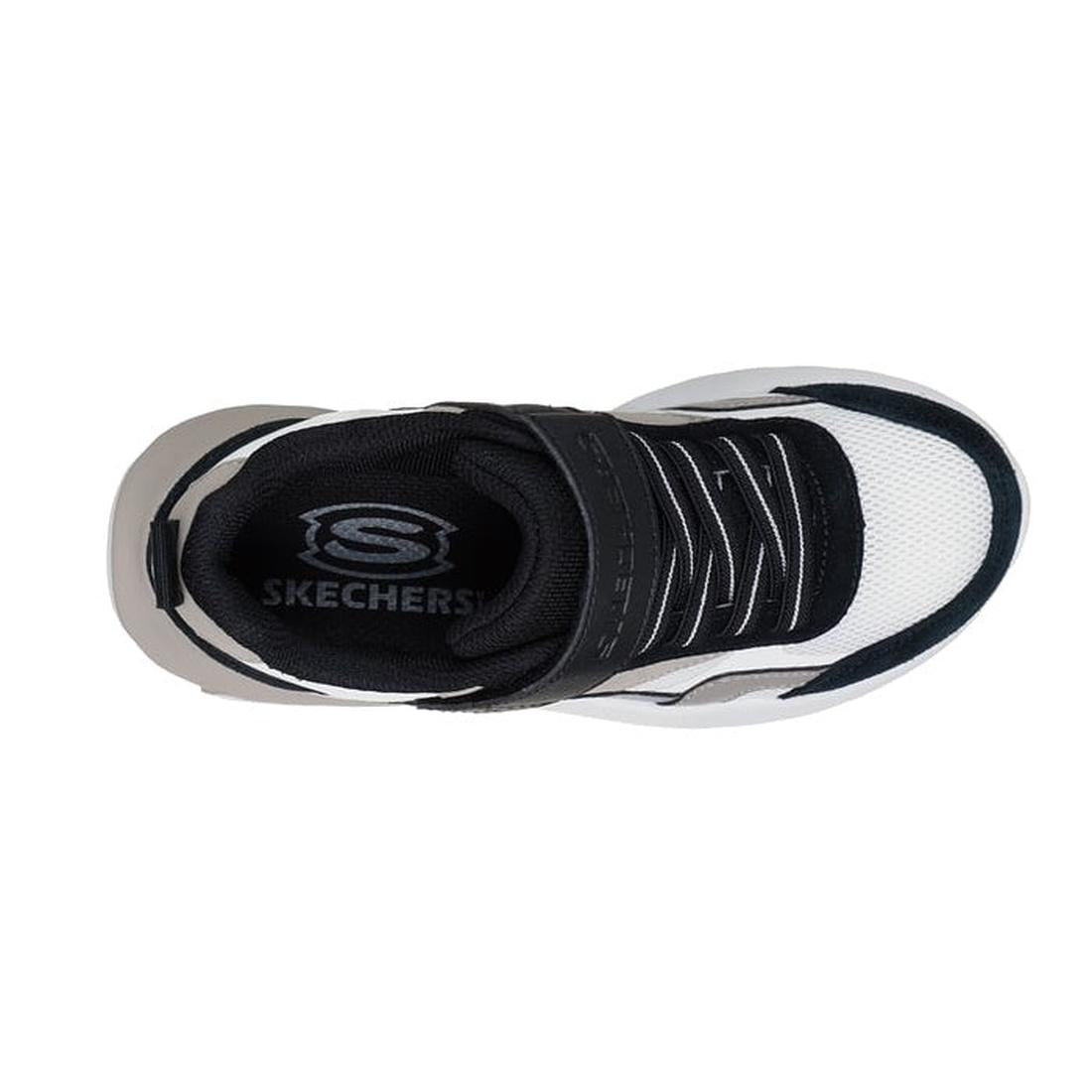 Top view of the Skechers Boys Youths SKX-225 Natural Black Sneaker, featuring a black and white mesh upper, Velcro strap, visible insole logo, and cushioned comfort insole for all-day support., 198376840600, 198376840624, 198376840648, 198376840662, 19837
