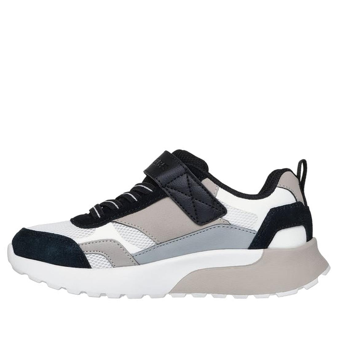 The Skechers Boys Youths SKX-225 Natural Black Sneaker features a chunky white sole, black lace-up front and Velcro strap, multi-tone panels in black, grey, beige, and white, a heel pull tab, textured design, and a cushioned comfort insole., 198376840600,