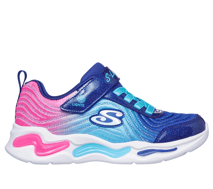 The Skechers Girls Light Ups - Wavy Beams Ombre Express Navy Multi features blue, pink, and purple shades, blue laces, a Velcro strap, white sole with pink and blue accents, light-up details, wavy design, and an S logo., 44516, 197976390843, 197976390867,