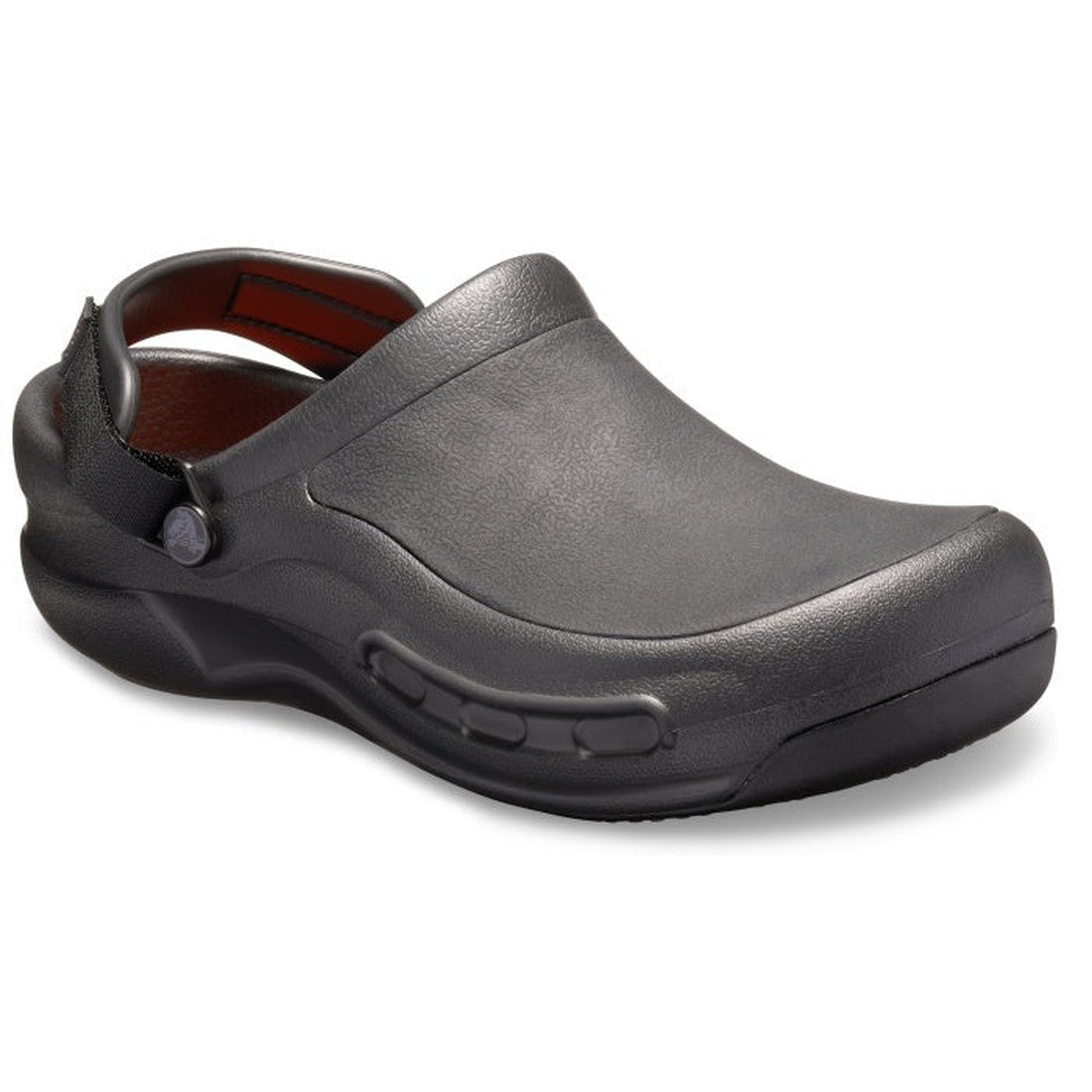 The Chefs Crocs Shoes Bistro Pro LiteRide Clog Black Unisex is a single black slip-on with a closed toe, textured surface, adjustable heel strap, thick cushioned sole, LiteRide foam footbeds, and side ventilation., 191448329737, 191448329744, 191448329751