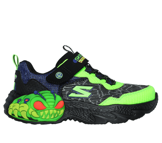 Skechers Boys Light Ups S Lights Creatures UFO Trainers in black and lime, with mesh upper, Velcro closure, fun heel, and chunky sole.  ksnz