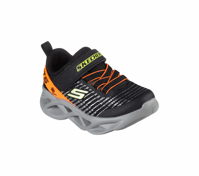 Skechers Toddlers S Light Twisty Brights Novlo Black Orange—black and gray sneakers with orange lights, easy Velcro, and wavy sole.  ksnz