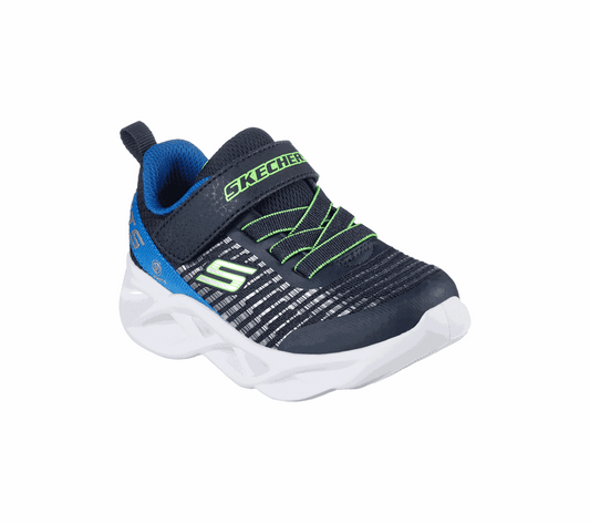 Skechers Toddlers S Light Twisty Brights Novlo Navy sneaker in navy and black, with neon green details, light-up white sole, and easy Velcro closure.  ksnz