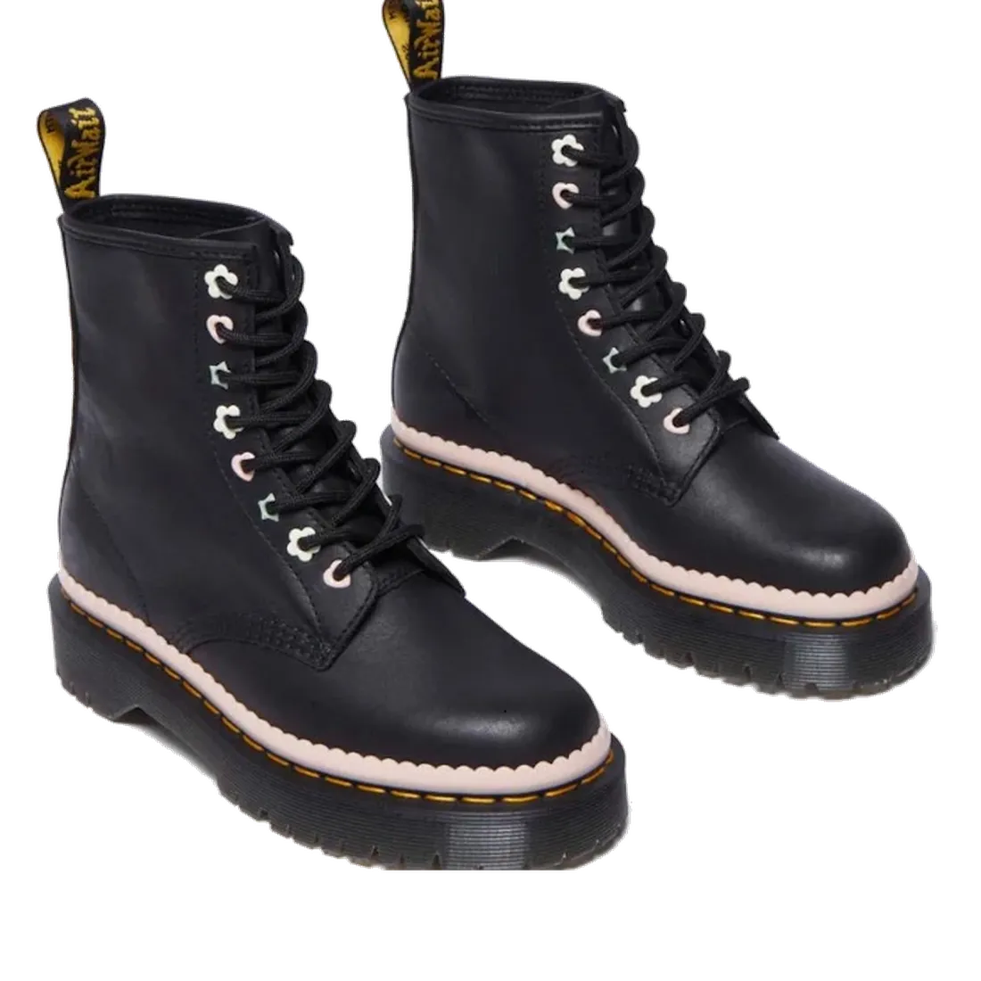 The Dr Martens 1460 Bex Pascal Front Zip boots are crafted from black Nappa Luxe leather with thick soles, light pink trim, yellow stitching, and branded back pull tabs—classic style with a modern zip front., 43465, 43466, 190665700183, 190665700190, 1906