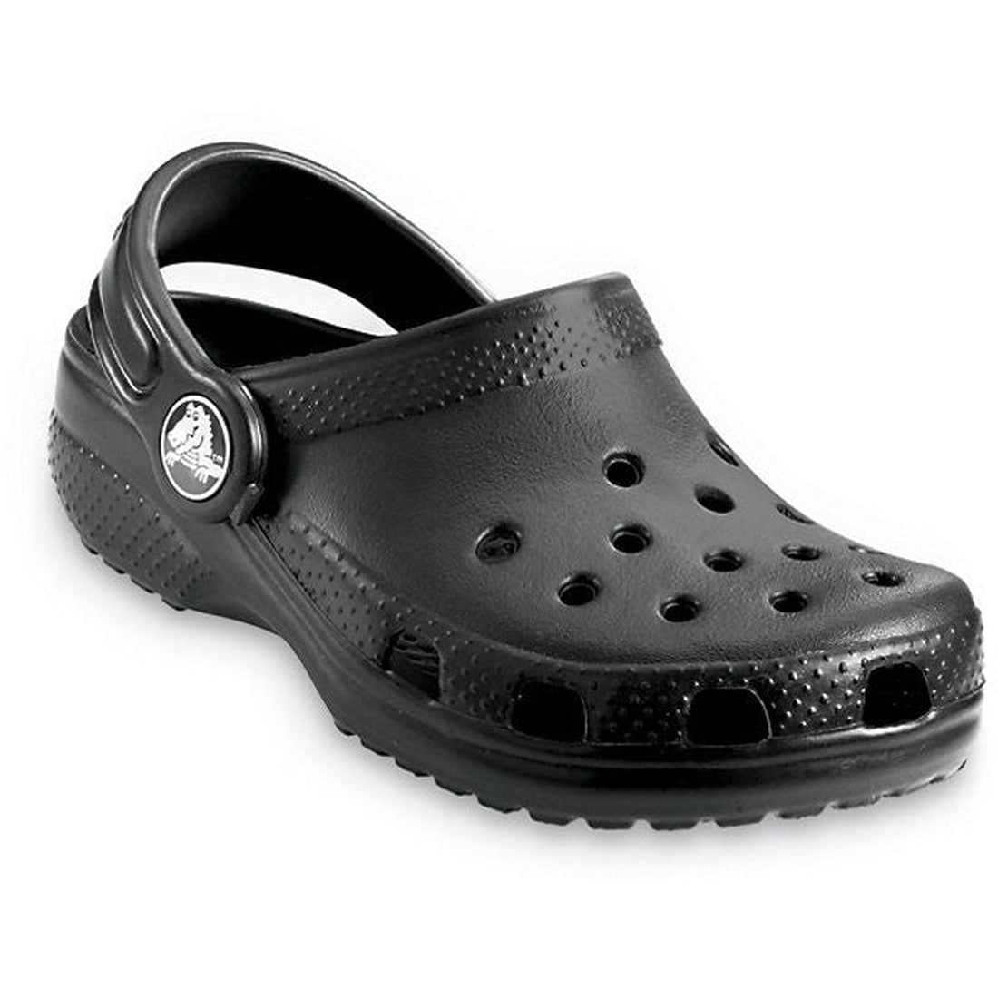 The Crocs Kids - Youths Classic Clog K Black Sandal features a heel strap, ventilation holes, and a textured sole. Displayed on a white background, this water-friendly design offers all-day comfort for kids., 191448734371, 191448734388, 191448734395, 1914
