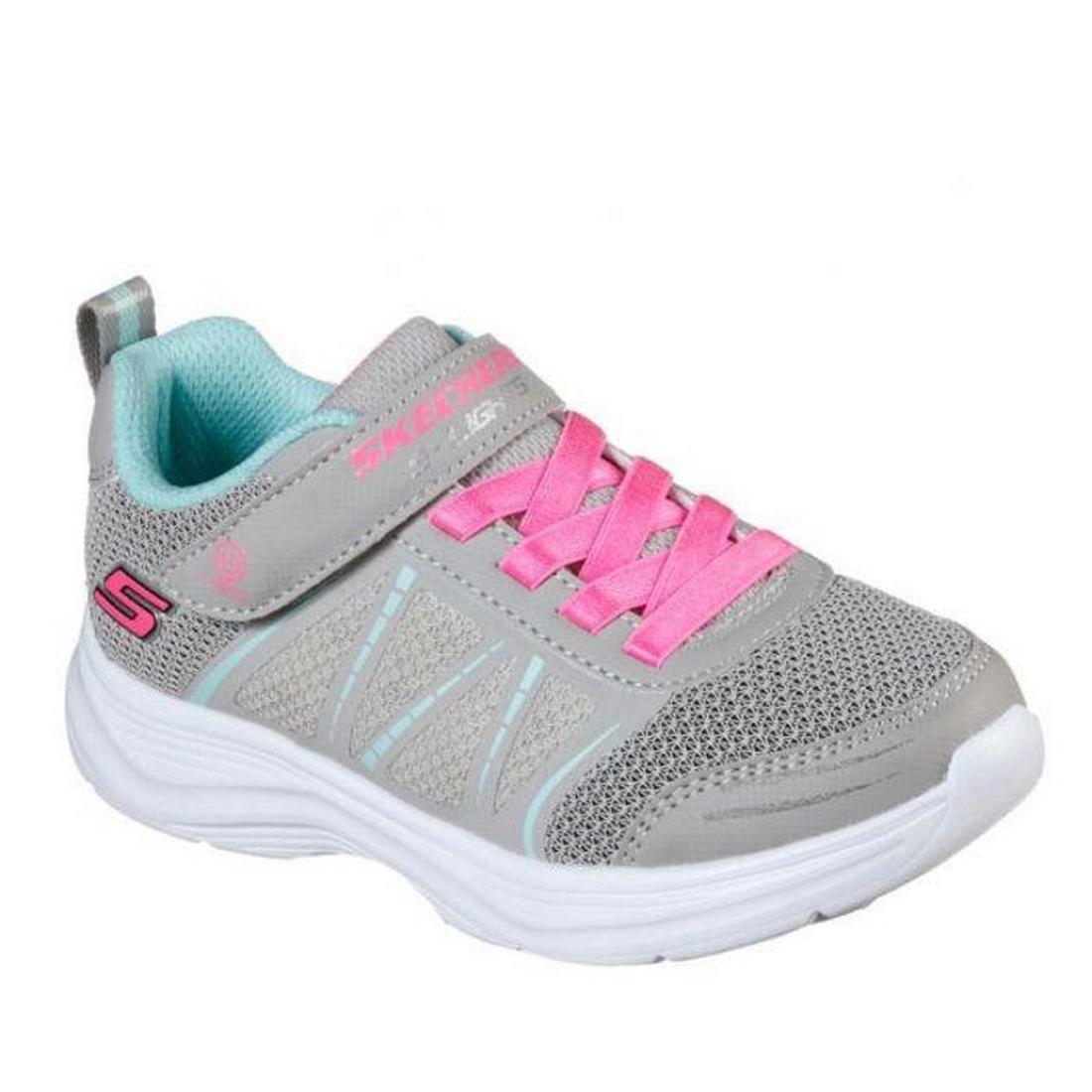 Skechers Glimmer Kicks Shimmy Brights Gray sneaker with pink laces, turquoise lining, Velcro closure, and sturdy white sole.  ksnz