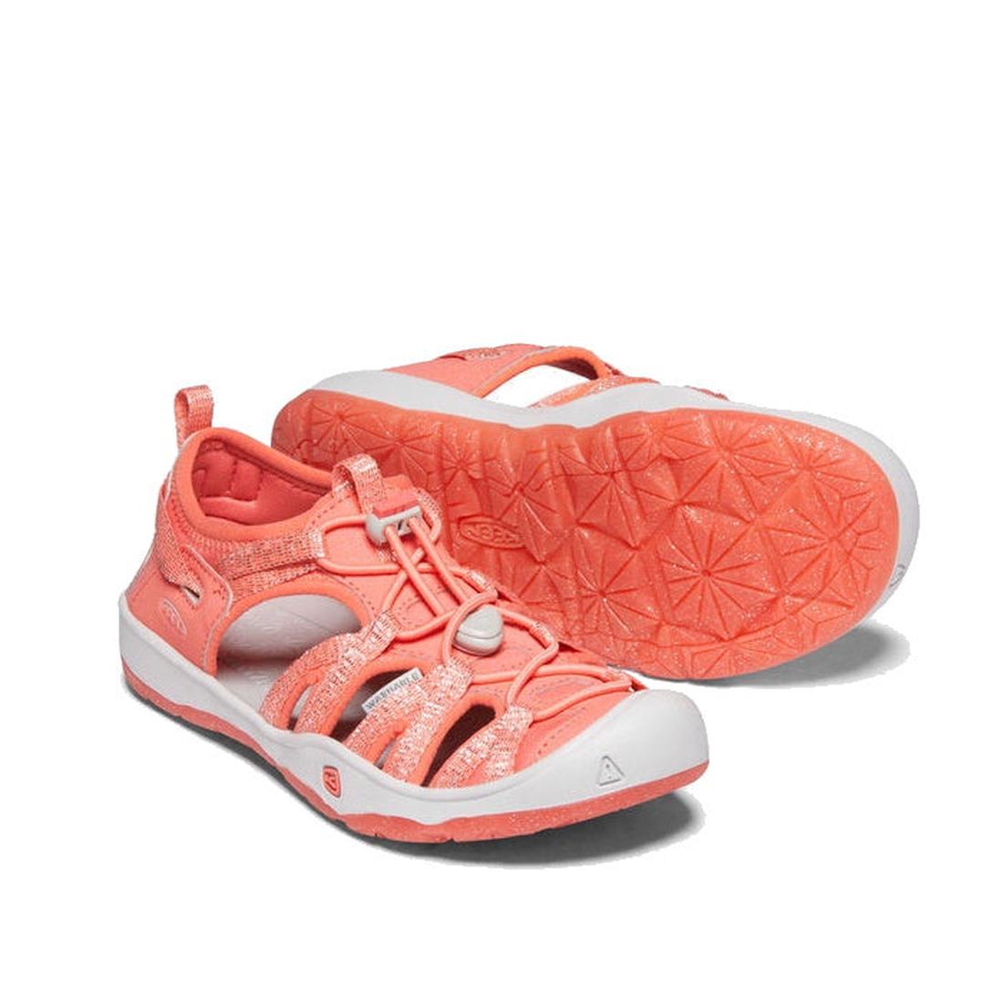 Keen Kids Moxie Sandal in Tea Rose Pink Orange—lightweight, closed toe, cut-out sides, white grippy sole, elastic toggle closure.  ksnz