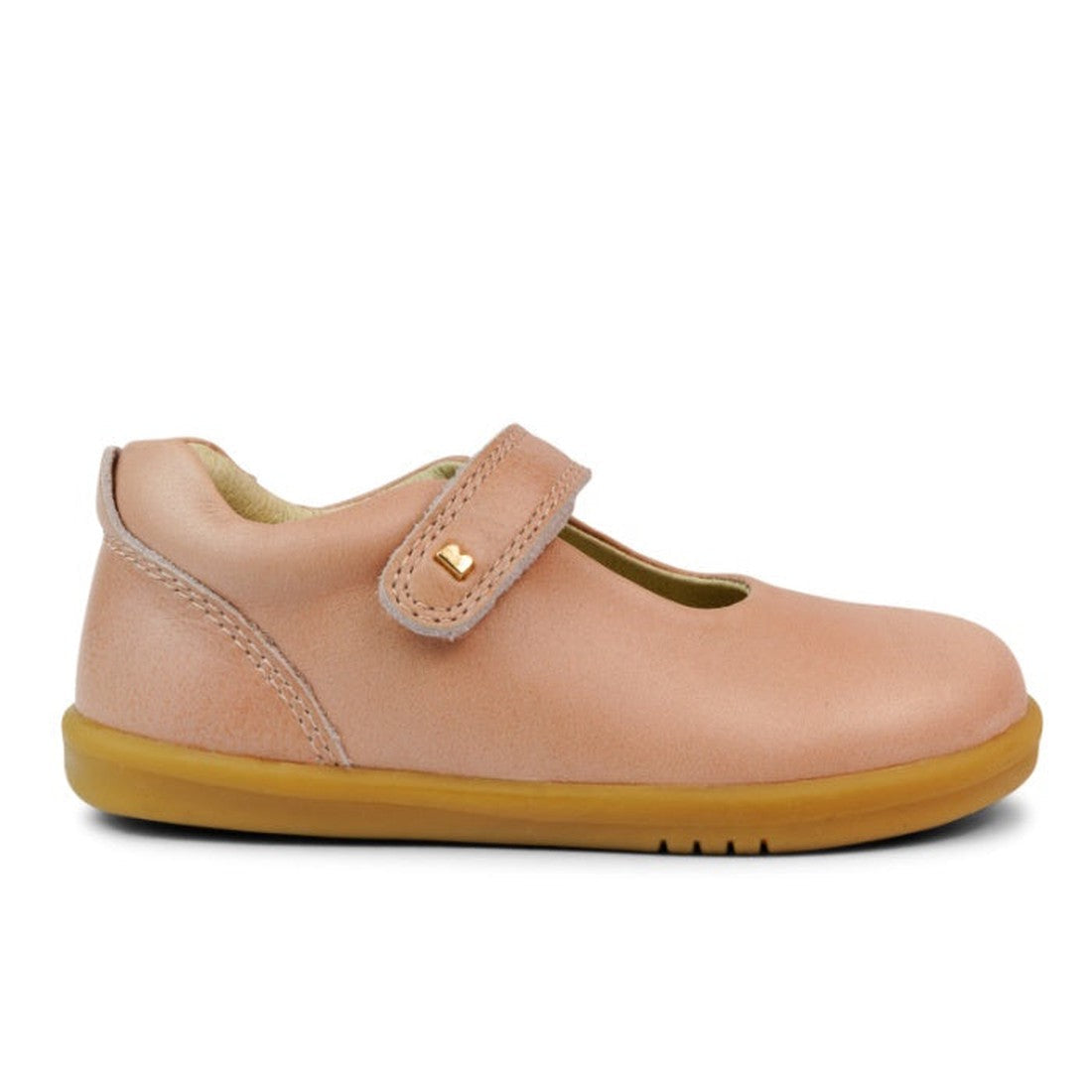 The Bobux Iwalk IW Delight Mary Jane Pink Dusk Pearl features a pink leather upper, velcro strap, and light brown rubber sole, shown in side view against a white background., 9420062084557, 9420062084564, 9420062084571, 9420062084588, 9420062084595