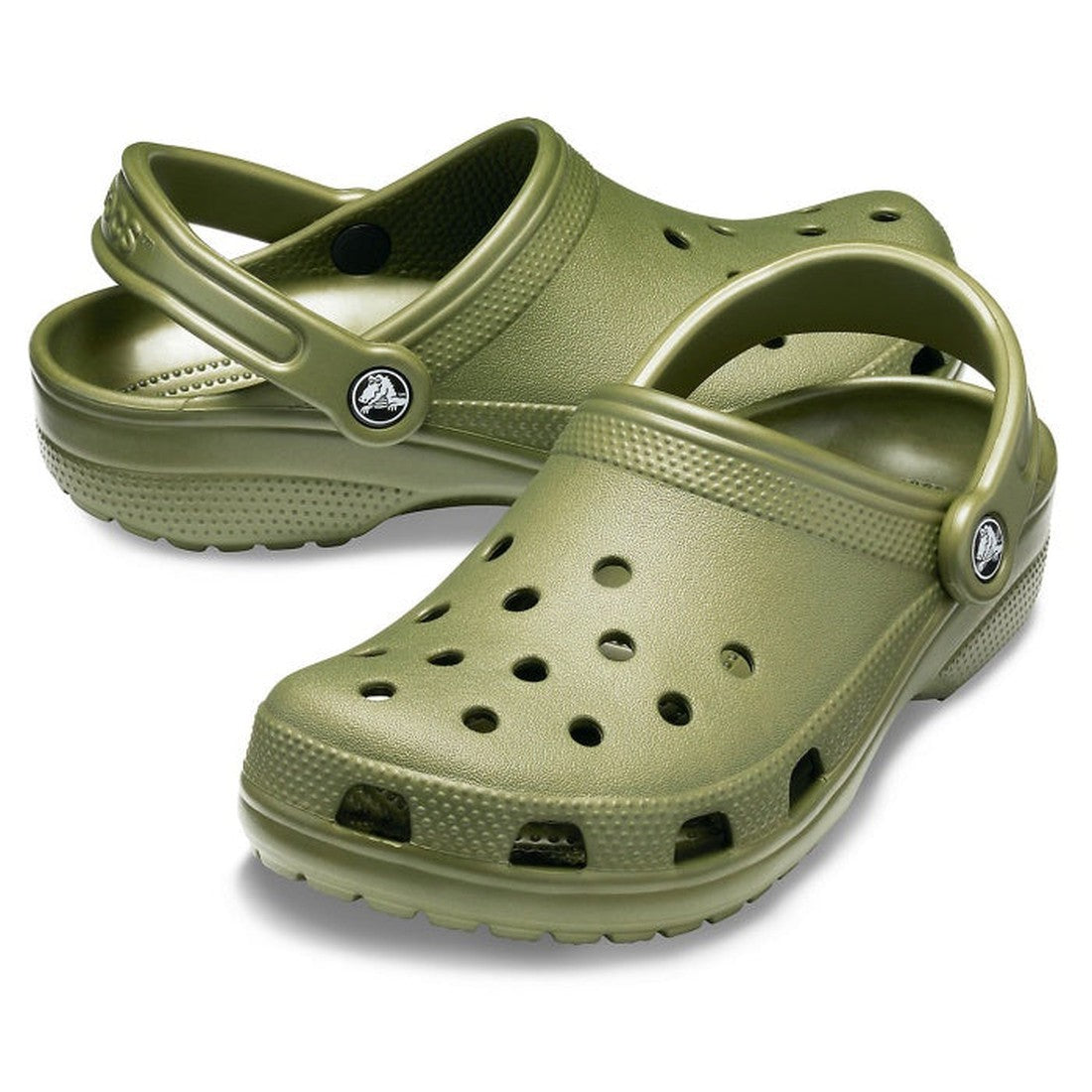 A pair of Crocs - Classic Clog Army Green for adults, featuring ventilation holes and adjustable heel straps for signature Crocs comfort, displayed on a white background.
