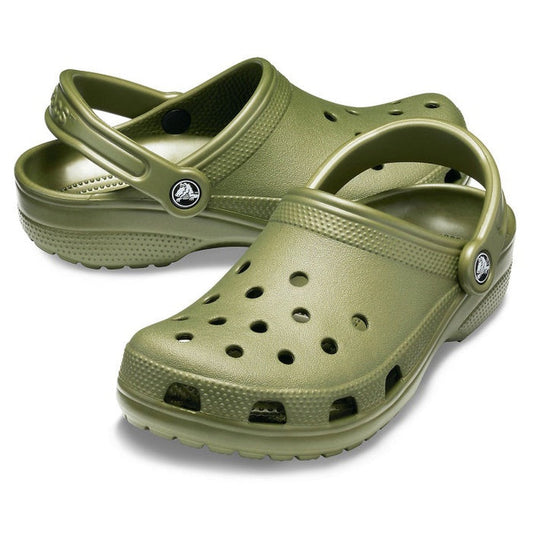 A pair of Crocs - Classic Clog Army Green for adults, featuring ventilation holes and adjustable heel straps for signature Crocs comfort, displayed on a white background.